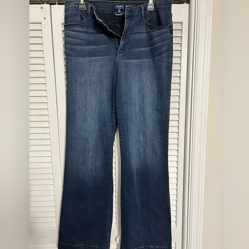 Kari Blue jeans, high rise flare leg, size 16.